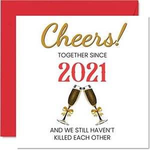 Grappige verjaardagskaart van katoen voor echtgenoot en echtgenote - Together Since 2021 - wenskaarten voor de tweede trouwdag voor partner, I Love You, 145 mm x 145 mm