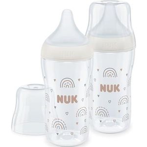 NUK Perfect Match babyflesset, 3 maanden, geschikt voor het gehemelte van de baby, temperatuurregeling, anti-koliek ventilatieopening, 260 ml, BPA-vrij, fopspeen M van siliconen, regenboog, 2 stuks