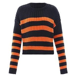 myMo Femmes Rayé Col Rond et Manches Longues Polyester Noir Orange Taille M/L Pull Sweater, Medium, Noir/orange, M