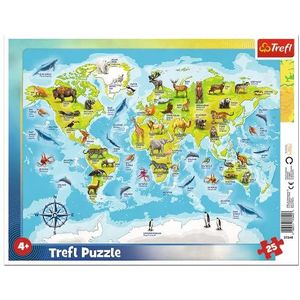 Trefl, Puzzels in frame, wereldkaart met dieren, 25 stukjes, voor kinderen vanaf 4 jaar