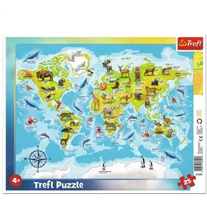 Trefl, Puzzels in lijst, wereldkaart met dieren, 25 stukjes, voor kinderen vanaf 4 jaar