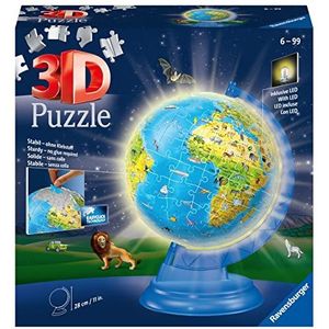 Ravensburger - Educatieve 3D Ball puzzel - Verlichte wereldbol - Vanaf 6 jaar - 180 genummerde stukjes om te monteren zonder lijm - Inclusief draaibare en lichtgevende houder - 11289