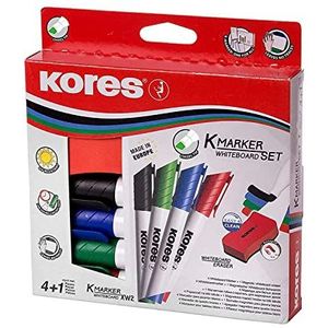 Kores - K-Marker XW2: Kleurmarker voor whiteboard met afgeschuinde punt, geurarme inkt en droog afwisbaar, verpakking met 4 verschillende kleuren + 1 magneetgum