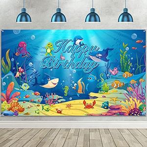 Happy Birthday Ocean Dier Decoraties, Onderzeese Verjaardag Achtergrond Verjaardag Fotografie Achtergrond Banner op Oceaan Thema voor Kinderen, 180 x 43,3 cm