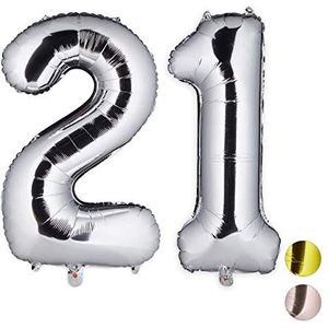 Relaxdays Ballon nummer 21 opblaasbaar verjaardag gigantische decoratie bruiloft feest helium 85-100cm XXL zilver