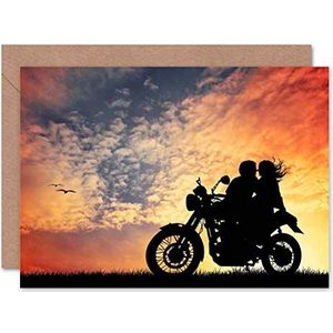 Motorfiets paar, romantisch silhouet, zonsondergang, blanco kaart