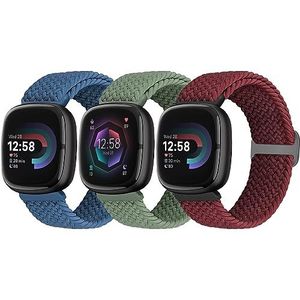 3 stuks gevlochten armbanden compatibel met Fitbit Versa 4 / Fitbit Sense 2 / Fitbit Versa 3 / Fitbit Sense armband voor dames en heren van zacht nylon en elastisch Sport Solo Loop reservearmband,