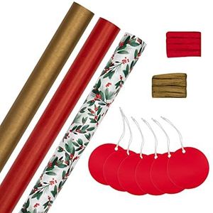 Hallmark Cadeaupapier voor Kerstmis, rood en goud, met 6 bijpassende cadeauhangers en 2 rollen knutsellint