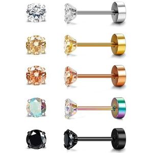 FIOROYAL 5 paar oorbellen voor dames en heren, chirurgisch staal, ronde zirkonia oorbellen voor tragus, 3 mm-6 mm, Zirkonia, Cubic Zirkonia