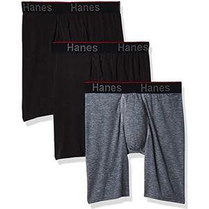 Hanes Comfort Flex Fit Long Leg Total Support Pouch Boxer Briefs, 3 stuks, getailleerd, XL, Lange benen grijs/zwart