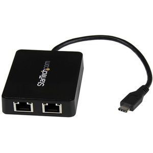 StarTech.com USB-C naar 2-poorts Gigabit Ethernet netwerkadapter met USB 3.0 (Type-A) poort (US1GC301AU2R), zwart