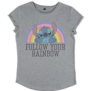 Disney Lilo & Stitch Stitch Rainbow Dames Organic Sleeve T-shirt met rolmouwen, grijs.