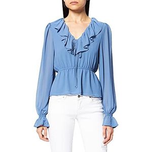 NA-KD Frill chiffon dameshemd met V-hals, Blauw