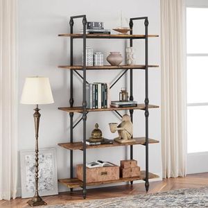 LUNSY Roman Boekenkast met 5 open niveaus, hout, smalle boekenkast, Romeinse zuil, industrieel design, boekenkast, voor woonkamer, slaapkamer, kantoor