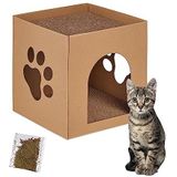 Relaxdays Kattenhok van karton met krabpaal om in elkaar te zetten met kattenkruid, bruin, 30 x 30 x 30,5 cm