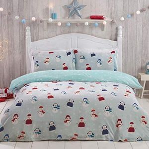 Sleepdown Jolly Omkeerbare beddengoedset van fleece, dekbedovertrek en kussensloop, sneeuwpop, blauw, 135 x 200 cm
