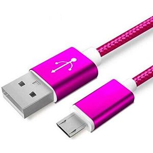 3 stuks kabel metaal nylon micro-USB voor Samsung Galaxy A10 smartphone Android oplader aansluiting (roze)