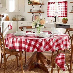 Elrene Home Fashions Farmhouse Living Tafelkleed, rond, buffelruitjes, 178 cm, rood/wit