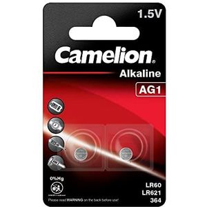 Camelion 12050201 alkaline knoopcelbatterij zonder kwik AG1/LR60/LR621/364 met 1,5 Volt, set van 2, capaciteit 14 mAh
