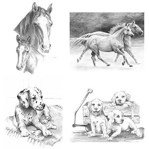 Royal & Langnickel Sketching, eenvoudig tekenen voor kinderen vanaf 8 jaar, vier afbeeldingen met honden- en paardenmotieven bieden de ideale instap in expressief tekenen