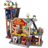 KidKraft 63214 Deluxe brandweerkazerne set van hout, inclusief brandweerwagen, ambulance, helikopter, brandweerman en hondenfiguren, speelgoed voor kinderen vanaf 3 jaar