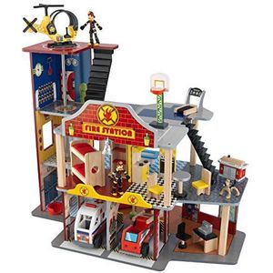KidKraft 63214 Deluxe brandweerkazerne set van hout, inclusief brandweerwagen, ambulance, helikopter, brandweerman en hondenfiguren, speelgoed voor kinderen vanaf 3 jaar