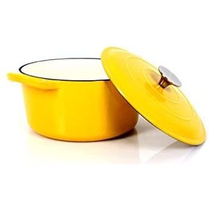 ECHTWERK Gietijzeren pan met geëmailleerde coating, gietijzeren pan, braadpan met deksel, ronde broodpan, geschikt voor ovens, grills, barbecues en inductie, geel, 3,5 l