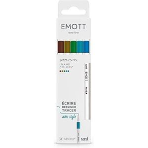 uni-ball Emott Uni Mitsubishi Pencil – 5 viltstiften Island Colors – om te schrijven, tekenen, tekenen met stijl! – fijne punt 0,4 mm – groen, hemelsblauw, turquoise, donkergeel, bruin