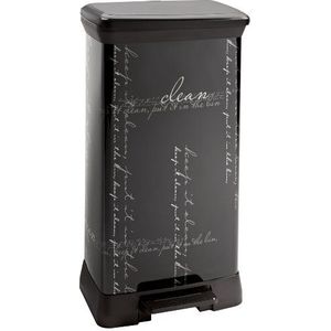 CURVER Decobin Afvalemmer met pedaal, rechthoekig, 50 l, soft-close-design, metaallook, voor keuken, kantoor, badkamer, 39 x 29 x 72 cm, zwart, kalligrafie decor