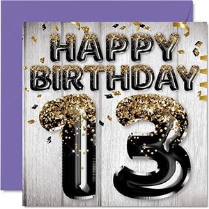 13. Verjaardagskaart voor jongens - zwarte en gouden ballonnen, verjaardagskaart voor 13 jaar, zoon, broer, kleinkind, neefje, 145 mm x 145 mm
