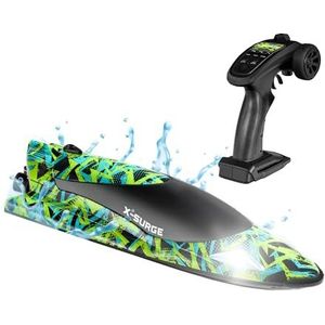 OVERMAX X-SURGE RC raceboot op afstand bestuurbaar met ledlicht, 35 km/u, 1200 mAh batterijen, 30 minuten plezier, instelbare snelheid tot 100 m, speelgoed voor zwembad en meren