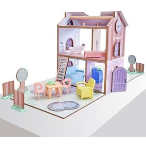 KidKraft Play & Store Cottage 20510 Houten poppenhuis met meubels en accessoires voor mini-poppen, speelgoed voor kinderen vanaf 3 jaar