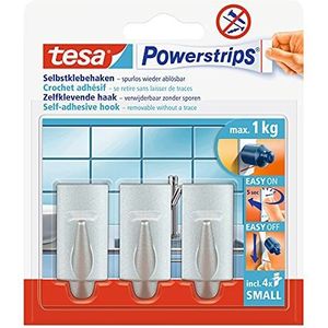 tesa Powerstrips Small Trend wandhaken, zelfklevend voor glas, tegels, hout, kunststof en andere oppervlakken, mat chroom