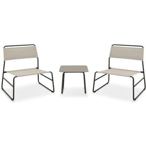 Zendea Salon de jardin extérieur Cannes - Ensemble table et chaises d'extérieur en acier marron foncé avec fauteuils en textilène beige et table carrée en verre trempé, ensemble de jardin extérieur
