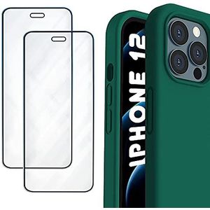 PHONIX Beschermhoesje voor iPhone 12 en 12 Pro + 2 stuks gehard glas Italiaanse garantie | gekleurde siliconen hoes + 2 schermbeschermfolies van glas | krasbestendige displaybescherming (Forest Green Case)