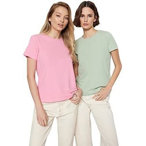 TRENDYOL T-shirt en tricot pour femme Basics Regular Fit Basic Col rond, Rose/menthe, L