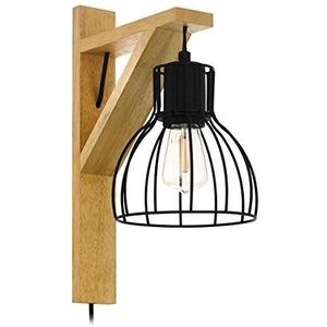 EGLO Wandlamp Rampside 1, 1-lichts wandlamp vintage, industrieel, retro, wandlamp binnen van hout en staal, woonkamerlamp, hallamp in natuur, zwart, lamp met schakelaar, E27-fitting