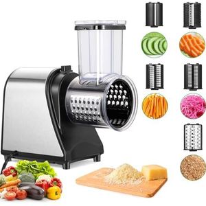 Mandoline électrique 250 W avec grande ouverture de remplissage, 5 disques en acier inoxydable pour légumes et fromage