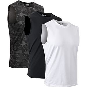 MeetHoo Mouwloze tanktop voor heren, sneldrogend, zweetbestendig, voor hardlopen, fitness, gym, zwart + wit + camouflage