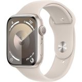 Apple Watch Series 9 (45 mm GPS) Smartwatch met aluminium behuizing en witte sportarmband (starlight) (S/M). Tracker voor fysieke activiteit, apps voor zuurstof in het bloed en ECG, Retina-display