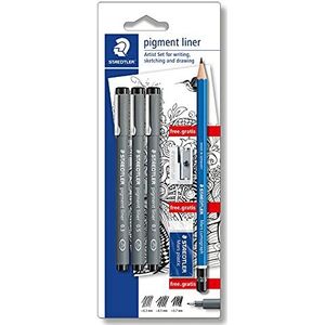 STAEDTLER 308 SBK3P Artist Marker Set zwart 0,3, 0,5, 0,7 en een potlood (2B), gum en puntenslijper gratis