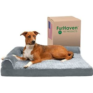 Furhaven Bed voor honden en katten, imitatiebont en suède, tweekleurig, verfrissend, L-vorm, afneembaar en machinewasbaar, steengrijs, maat XL