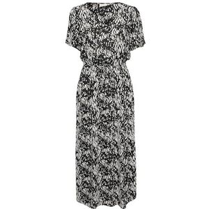 KAFFE Kaffe Maxi-jurk voor dames, korte mouwen, V-hals, casual, pasvorm, trekkoord, taille, jurk voor dames, Zwart/Wit Graphic Snake, 34