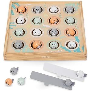 Mamabrum, Flying Fish houten speelgoed, houten platform met veel gaten, 2 katapulten, 16 kleine vissen, milieuvriendelijk speelgoed, voor kinderen vanaf 3 jaar, Montessori visspel