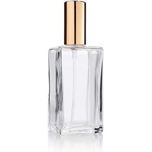 Fantasia Lege parfumfles, 100 ml, met spuitpomp, transparante glazen fles, vierkant, om zelf te vullen met parfum, verstuiver en gouden dop, navulbaar voor 100 ml