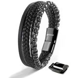 SERASAR Hoogwaardige armband van echt leer voor heren [Hero] in zwart, magneetsluiting van roestvrij staal, zwart, zilver en goud, inclusief sieradendoosje, leuk cadeau-idee, Leer, Geen edelsteen