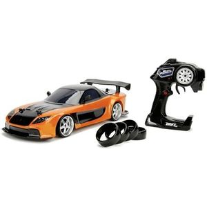 Jada Toys Fast & Furious RC Drift Mazda RX-7 op afstand bestuurbare auto, Drift, 4 aandrijfwielen, 4 reservebanden, USB-oplaadfunctie, met batterijen, oranje 1:10