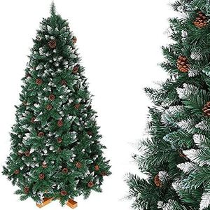 Bakaji Bossige kerstboom King Premium kunstmatig besneeuwd met dennen, natuurlijk wit, met sneeuw bedekte punten, kruisbasis van massief hout, hoogte 210 cm, 1178 vlamvertragende takken