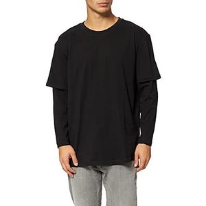 Urban Classics Heren T-shirt met lange mouwen, losse pasvorm, dubbele laag, heren T-shirt, S-5XL, zwart/zwart