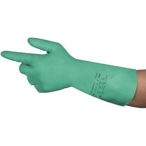 Ansell AlphaTec 37-675 Werkhandschoenen van nitril, chemische bescherming, vloeistof en oplosmiddel, waterdichte handschoen, zeer duurzaam, waterdicht en herbruikbaar, handschoenen voor dames en heren, groen, maat M (12 paar)